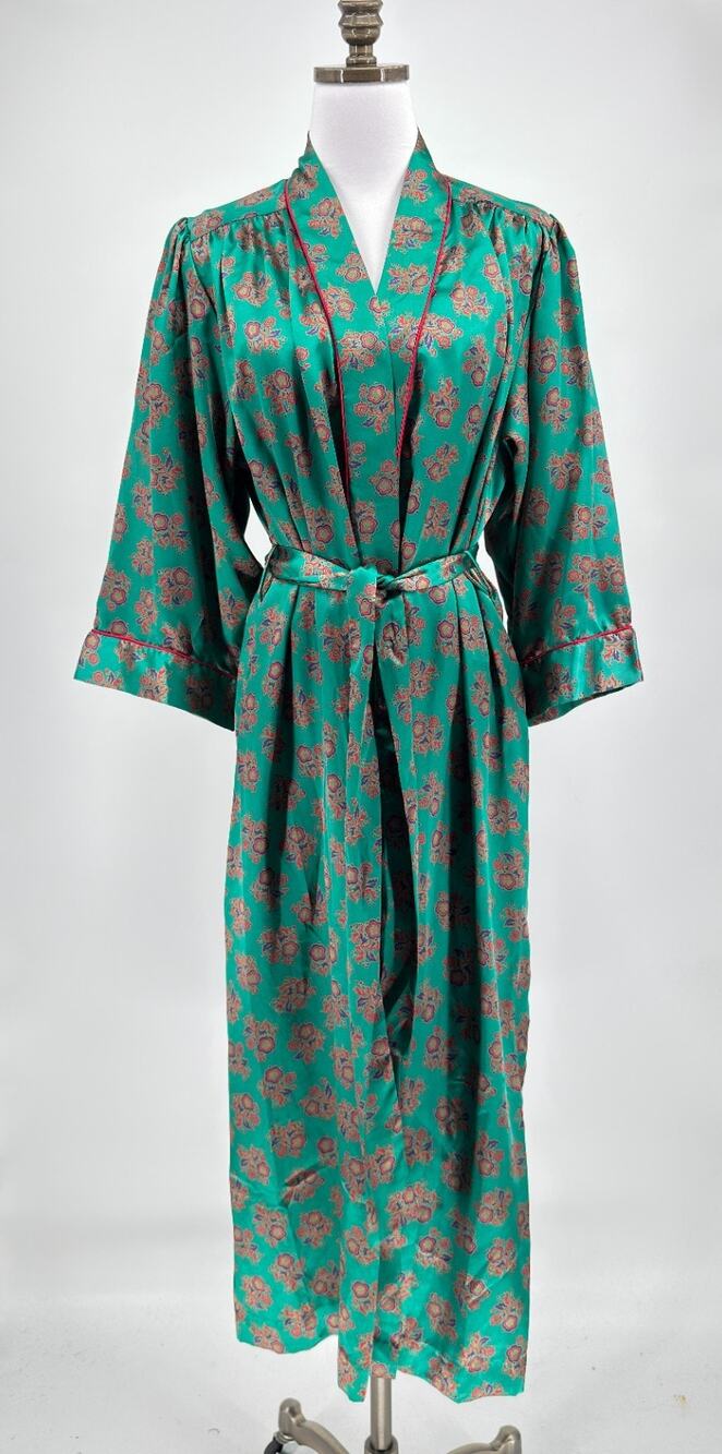 Vintage Natori Neiman Marcus Vibrant Green Floral Satin Long Wrap Robe Sz S